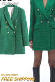 Yipinpay 2023 Green Long Blazer Woman Tweed Blazer Women Double Breasted Elegant Womens Jackets Long Sleeve Women's Spring Jacket