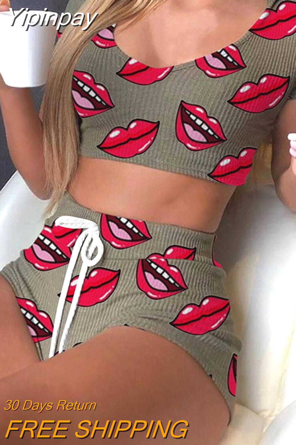 Yipinpay Lips Print Sportswear Women's 2023 Summer Crop Top And Drawstring Biker Shorts Matching Two Piece Sets