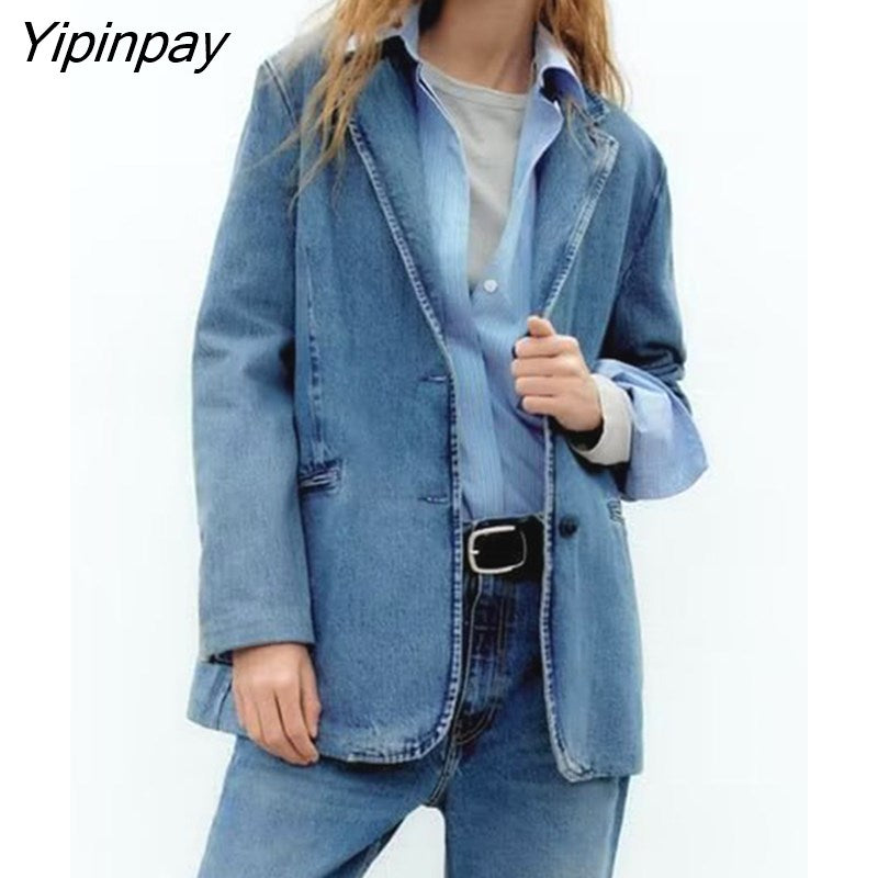 Yipinpay 2023 Autumn Women Denim Blazer Jackets Solid Notched Causal Pockets Coats Single Breasted Long Sleeve Chic Outwear