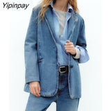 Yipinpay 2023 Autumn Women Denim Blazer Jackets Solid Notched Causal Pockets Coats Single Breasted Long Sleeve Chic Outwear