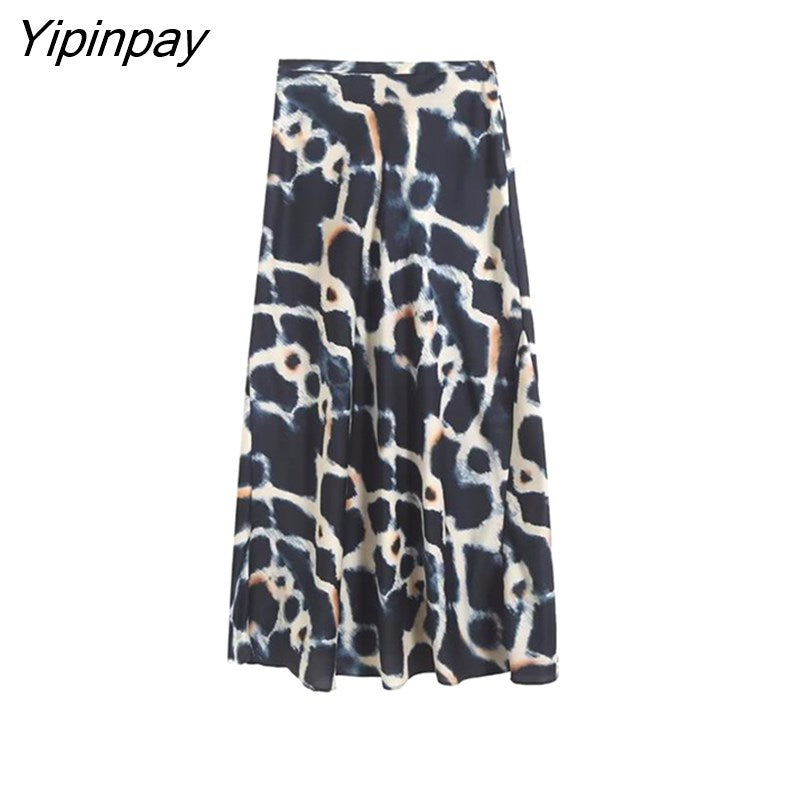 Yipinpay 2023 Fashion Women Tie-Dye Printed Skirts Sets Summer Turn Down Collar Shirts Top Side Mid-Calf Casual Skirts