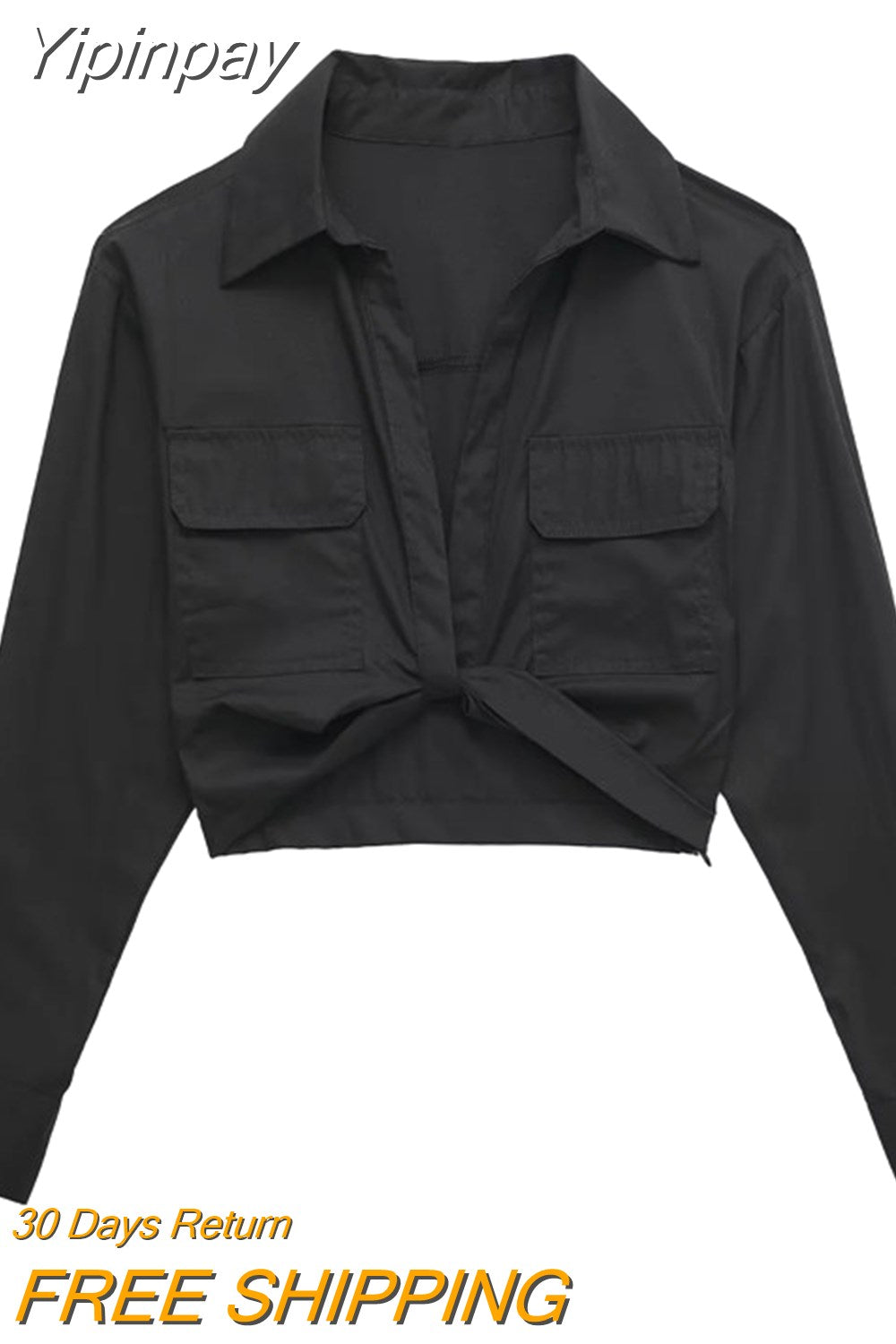 Yipinpay Knot Black Shirt Women Cropped Shirts And Blouses Women Casual Chic Woman Blouse Fashion Streetwear Long Sleeve Top Female