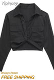 Yipinpay Knot Black Shirt Women Cropped Shirts And Blouses Women Casual Chic Woman Blouse Fashion Streetwear Long Sleeve Top Female