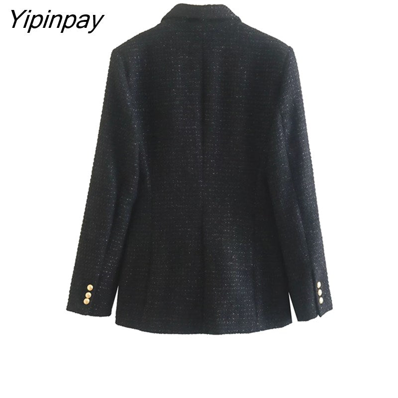 Yipinpay Spring Autumn Women Jacket Coat 2023 Fashion Double Breasted Tweed OL Blazer Vintage Long Sleeve Female Outerwear Chic Top
