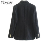 Yipinpay Spring Autumn Women Jacket Coat 2023 Fashion Double Breasted Tweed OL Blazer Vintage Long Sleeve Female Outerwear Chic Top