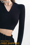 Yipinpay Fashion Y2K Polo Shirts Women Spring Autumn New Slim V-neck Tshirt Feminina Sexy Long Sleeve Crop Tops