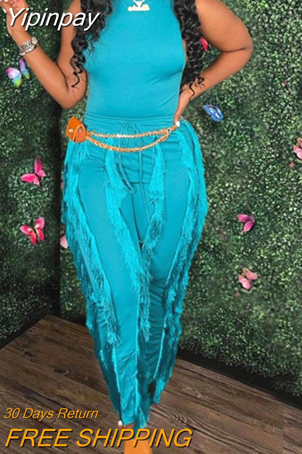 Yipinpay Tank Top & Tassel Decor Drawstring Pants Set 2023 New Fashion Two Piece Sets Female Suit