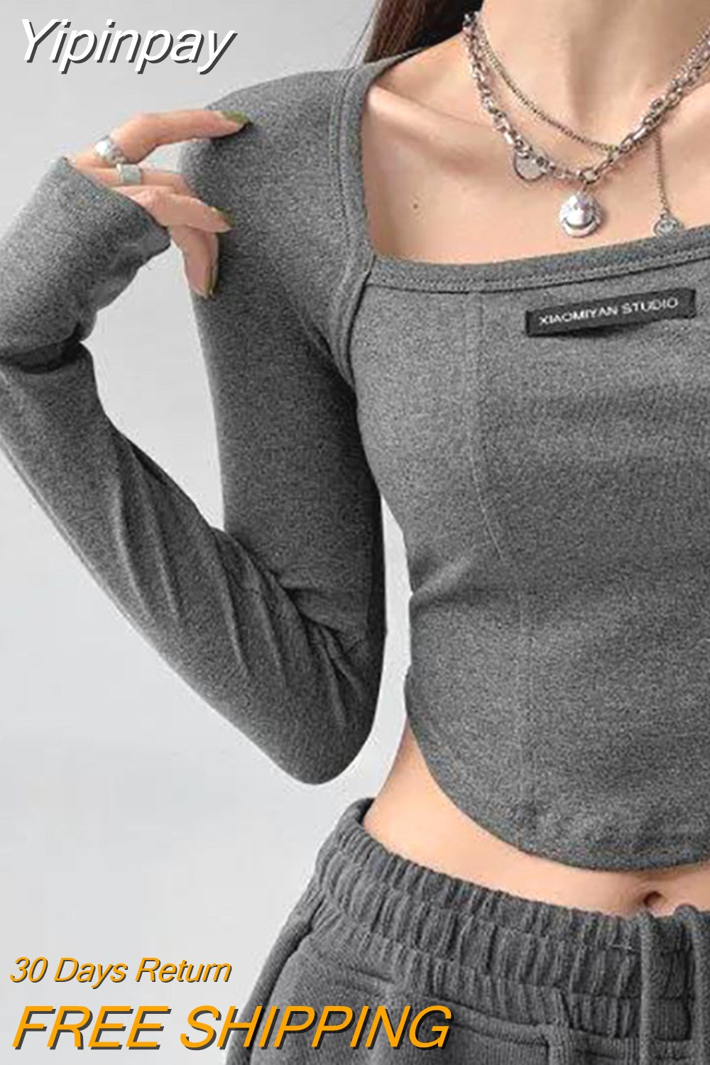 Yipinpay Style Brown Cropped Top Women Fashion Skinny Sexy Long Sleeve T Shirts Female Casual Square Neck Tees