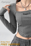 Yipinpay Style Brown Cropped Top Women Fashion Skinny Sexy Long Sleeve T Shirts Female Casual Square Neck Tees