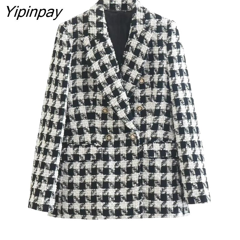 Yipinpay Spring Autumn Women Jacket Coat 2023 Fashion Double Breasted Tweed OL Blazer Vintage Long Sleeve Female Outerwear Chic Top