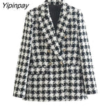 Yipinpay Spring Autumn Women Jacket Coat 2023 Fashion Double Breasted Tweed OL Blazer Vintage Long Sleeve Female Outerwear Chic Top