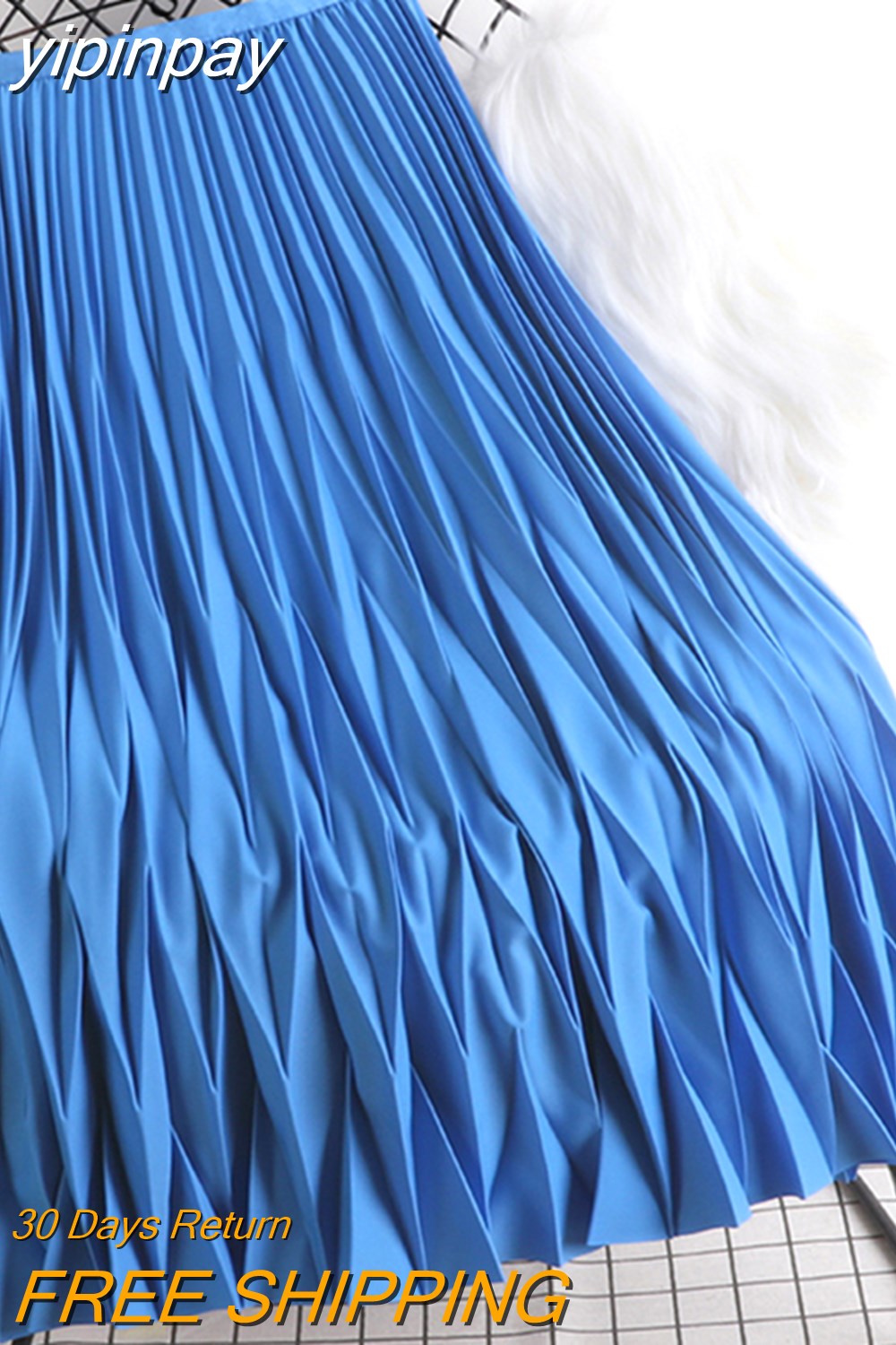 yipinpay 2023 Korean Summer Fashion Wave Pleated Long Midi Skirt Women Solid Color Casual Kawaii High Waist Mid-Calf Skirts