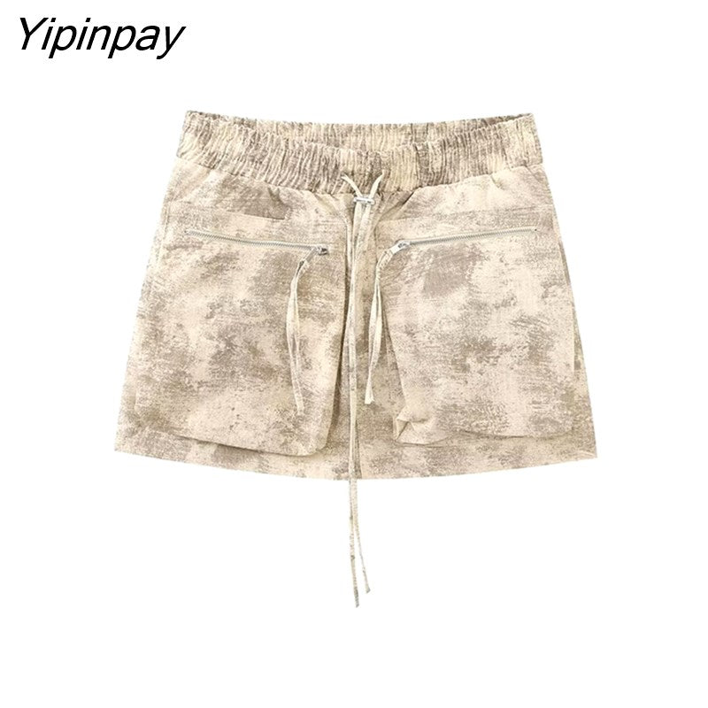 Yipinpay Women Spring Pilot Jackets Skirt Sets 2023 Fashion Print Long Sleeved Short Coats Pockets Elastic Waist Mini Skirts Outwear