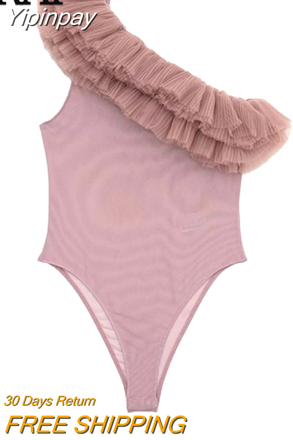 Yipinpay 2023 Pink Mesh Bodysuit Women Ruffle Body Woman Lingerie Sexy Tulle Bodysuit Off The Shoulder Asymmetrical Top Female