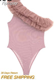 Yipinpay 2023 Pink Mesh Bodysuit Women Ruffle Body Woman Lingerie Sexy Tulle Bodysuit Off The Shoulder Asymmetrical Top Female
