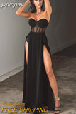 yipinpay 2023 Fashion Patchwork Women Off Shoulder Black Split Party Long Dress Sexy Backless Elegant Evening Bodycon Maxi Dresses