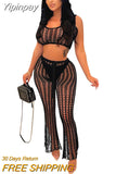 Yipinpay Summer Beach Wear Knit Outfits Women Hollow Out Crop Tops And See Through Straight Pant Suits Femme 2 Piece Matching Sets