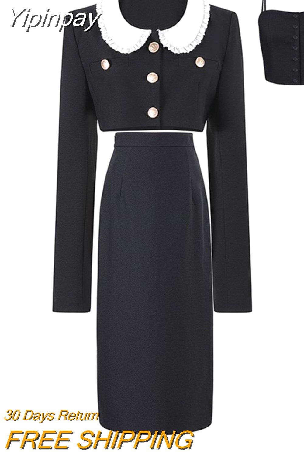 Yipinpay Autumn 3 Piece Dress Set Solid Korean Suit Slim Strap Vest + Long Sleeve Crop Tops + Casual Elegant Midi Skirt Woman Chic