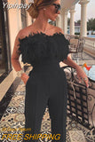 Yipinpay Spring Summer Elegant Party Jumpsuit Luxury New Women Feather Tube Top Solid Color Pants Oneshoulder Backless Sexy Jumpsuit