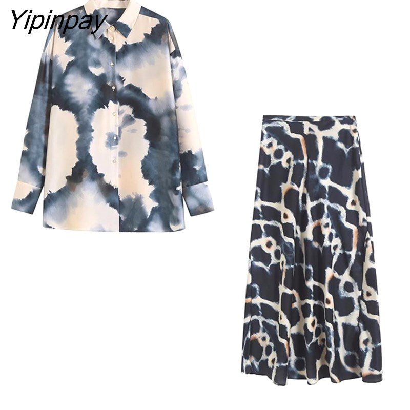 Yipinpay 2023 Fashion Women Tie-Dye Printed Skirts Sets Summer Turn Down Collar Shirts Top Side Mid-Calf Casual Skirts