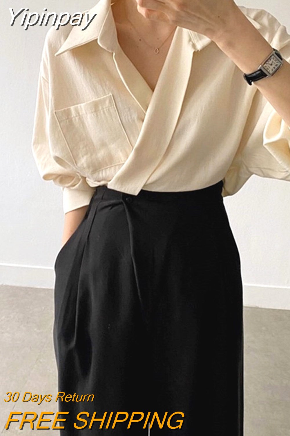 Yipinpay Chic Lapel Blouse Women Fashion Elegant Long Sleeve Shirts Office Ladies Spring Autumn New Cross Loose Tops