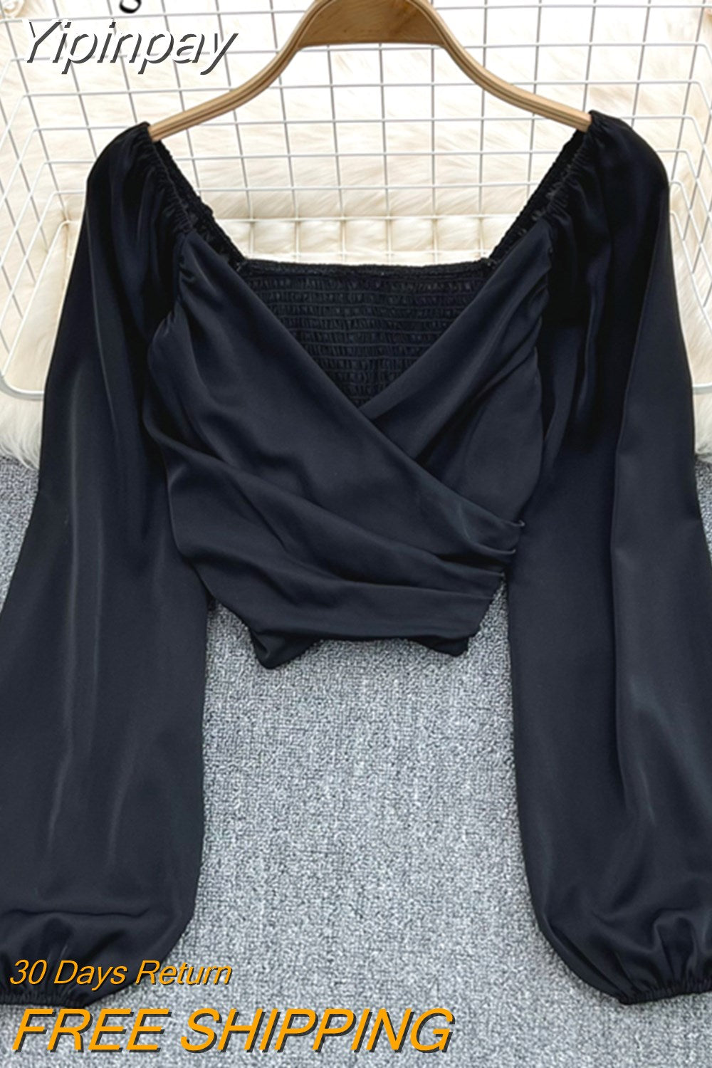 Yipinpay 2023 Spring Summer V-neck Blusas Women Plain Sexy Elastic Long Puff Sleeve Blouses Ladies Chic Ruched Crop Tops Female