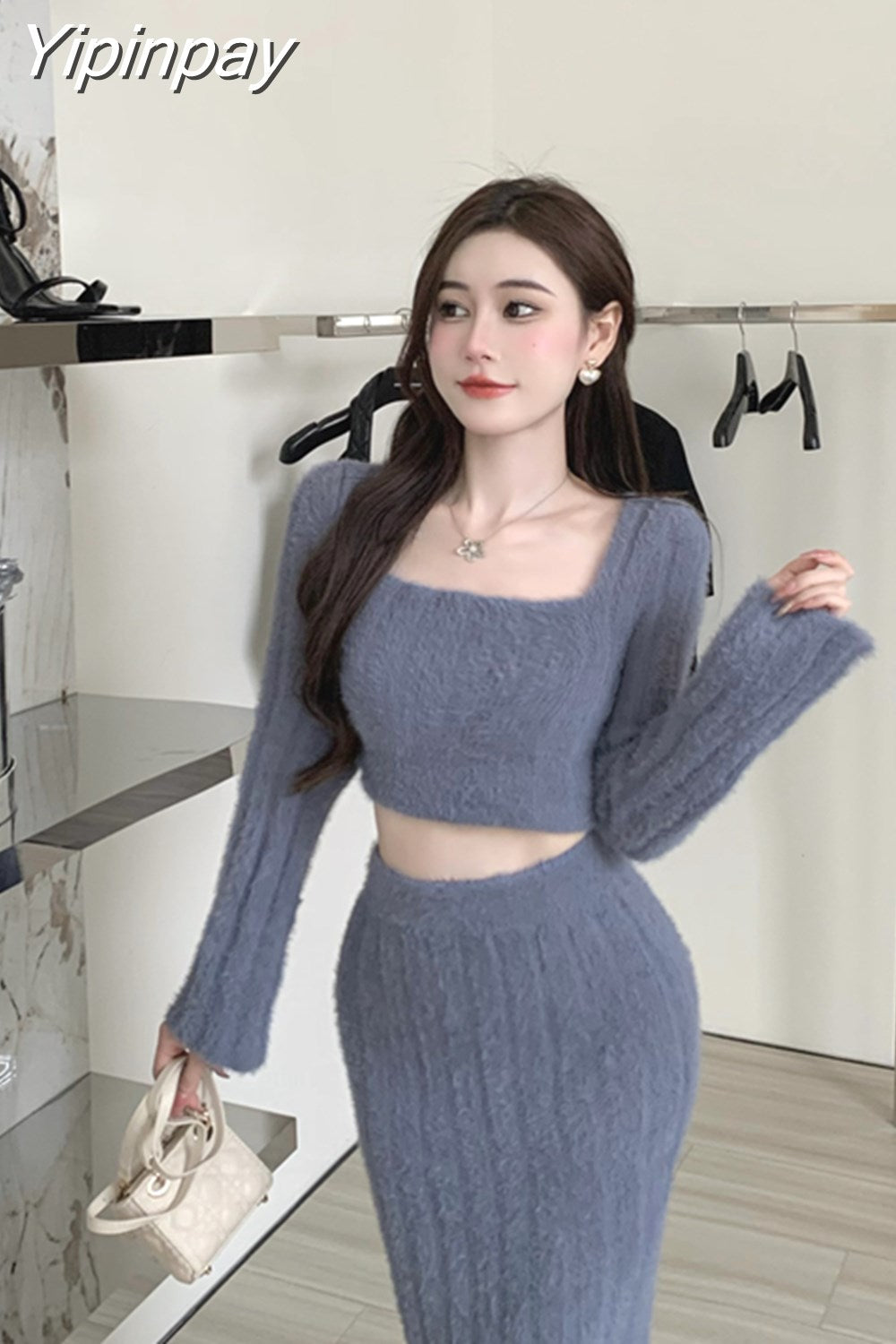 Yipinpay two piece skirt set Plush knit women long sleeve crop top +High waist midi skirts Elegant fall Winter 2023 white purple set