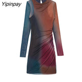 Yipinpay 2023 Sexy Women Tulle Printed Mini Dresses Vintage Female Slim Dresses Beach Party Long Sleeve O-neck Vestidos Mujer