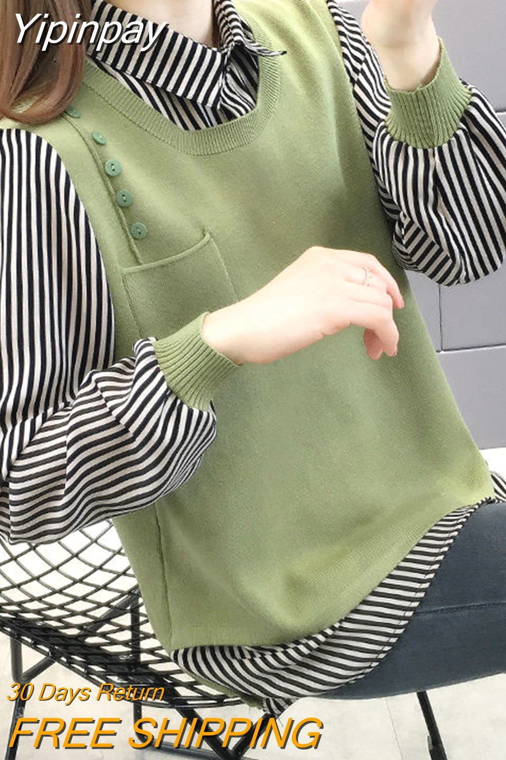 Yipinpay Oversized Crop Top Mujer Long Sleeve Striped Splice Knitted Sweater Casual Pullover Women Harajuk Black Red Yellow