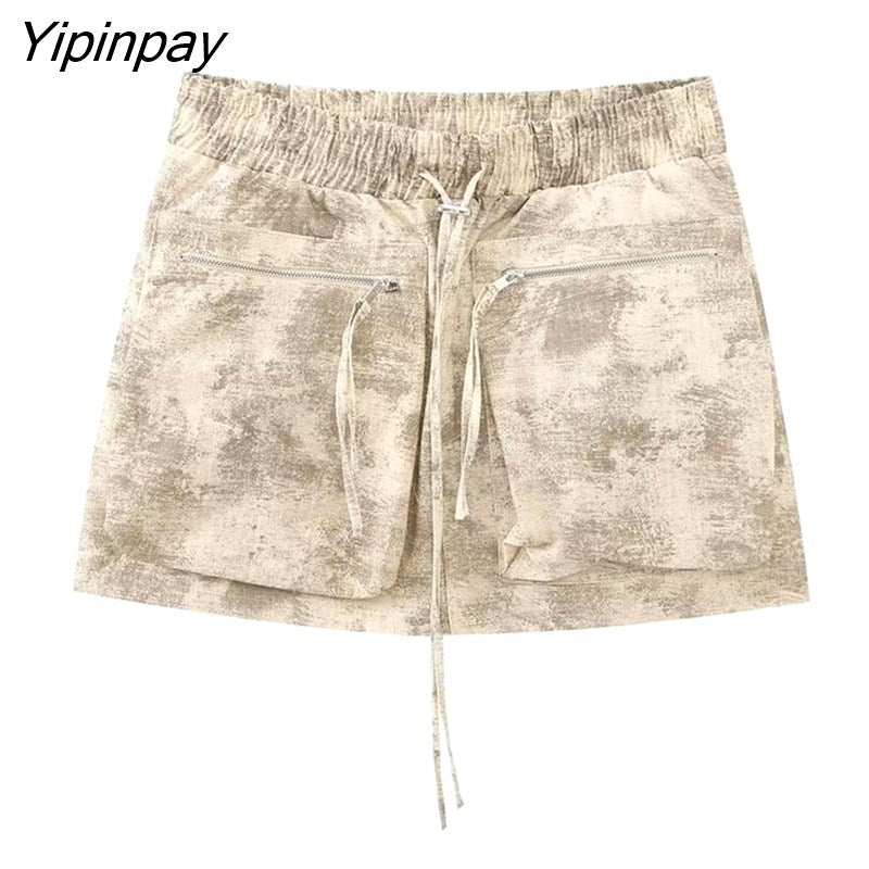 Yipinpay Women Spring Pilot Jackets Skirt Sets 2023 Fashion Print Long Sleeved Short Coats Pockets Elastic Waist Mini Skirts Outwear
