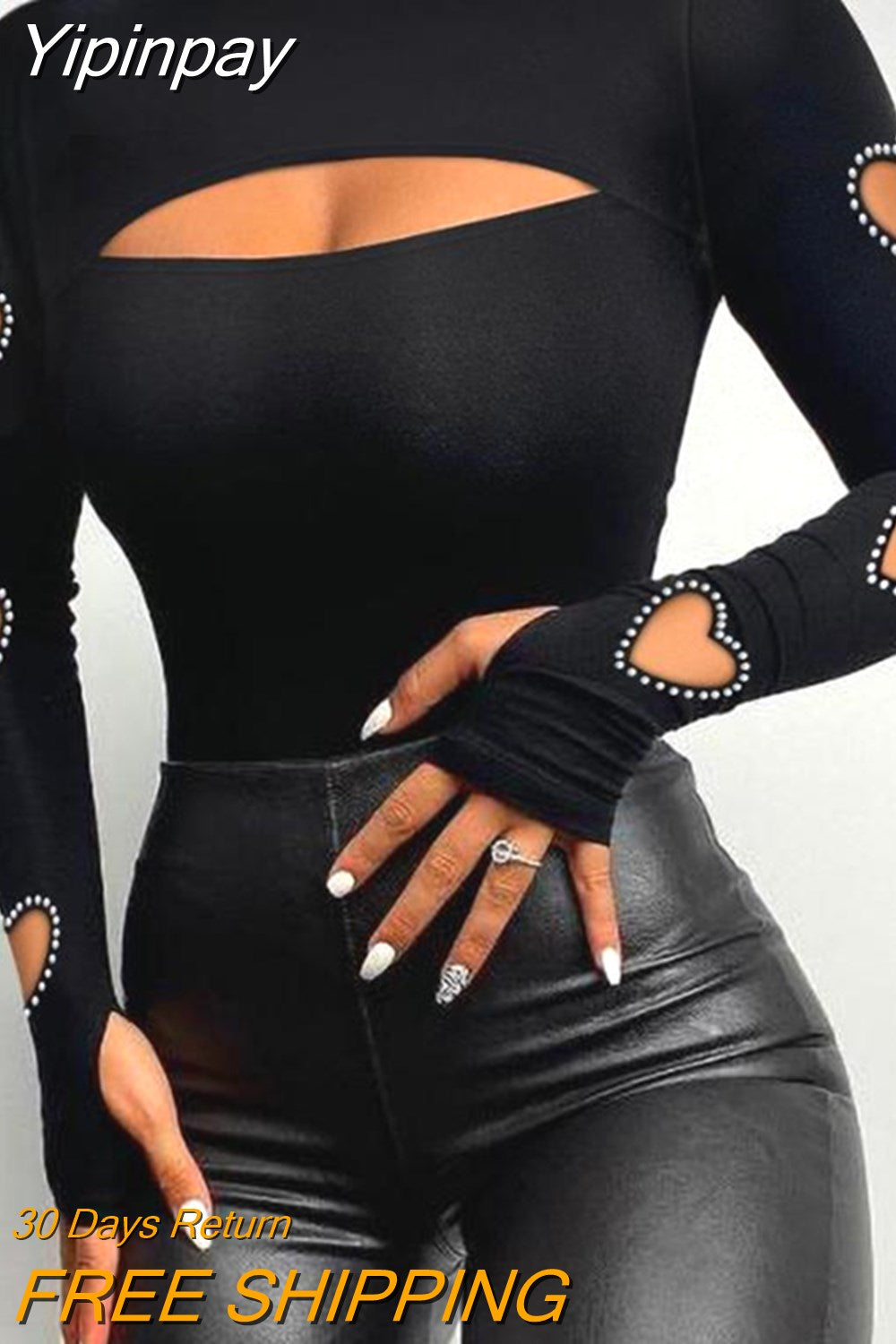 Yipinpay Woman Blouses Shirt Sexy Beaded Decor Cutout Long Sleeve Skinny Top T-Shirts Pullover Tops Autumn Winter New Casual