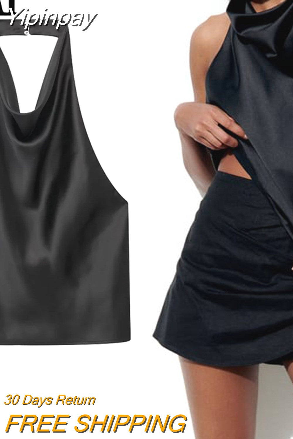 Yipinpay 2023 Black Crop Top Women Satin Halter Top Female Backless Sexy Tops Woman Sleeveless Off Shoulder Top Party For Woman