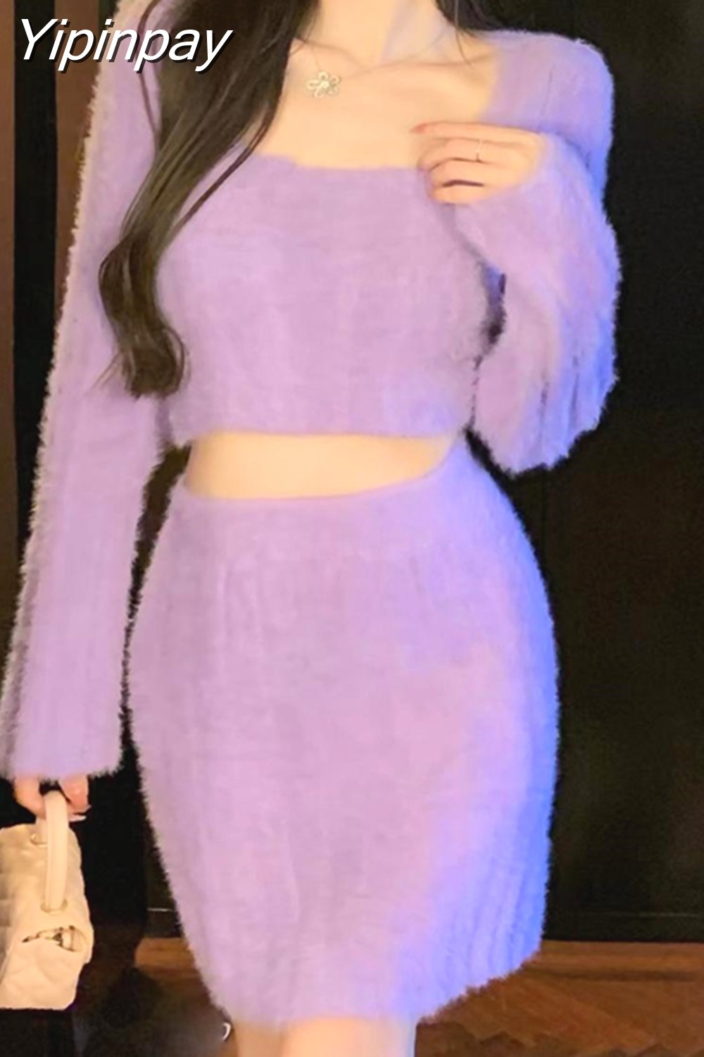 Yipinpay two piece skirt set Plush knit women long sleeve crop top +High waist midi skirts Elegant fall Winter 2023 white purple set