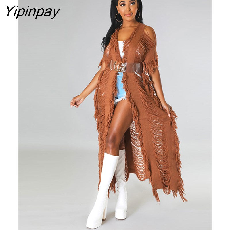 Yipinpay Women's Elegant knitted Ribbed Short Sleeve Tassel Maxi Long Cardigan Sweater 2023 Fashion chic Hole Capes Ponchos Outcoat