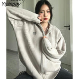 Yipinpay 2023 Winter Streetwear Long Sleeve Zipper Knit Cardigan Women Letter Appliques Oversize Ladies Sweater Casual Female Coat