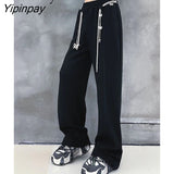 Yipinpay 2023 Autumn Wide Leg Bandage Women Full Pants Streetwear Chain Loose High Wasit Ladies Pants Female Black Trousers