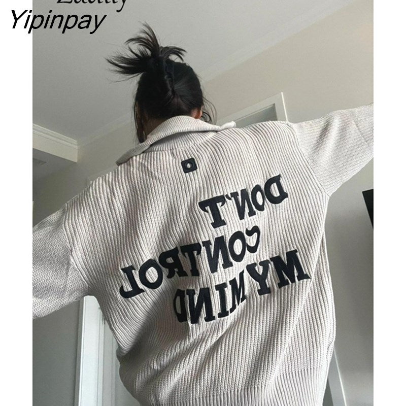Yipinpay 2023 Winter Streetwear Long Sleeve Zipper Knit Cardigan Women Letter Appliques Oversize Ladies Sweater Casual Female Coat