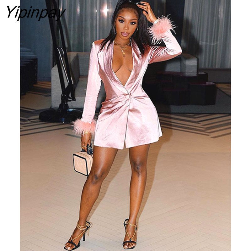Yipinpay Women Fashion Pink Satin Blazer Coats Lapel Long Sleeve Cuff With Feather Single Button Coat Autumn Casual Office Ladies Blazer