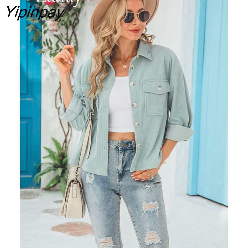 Yipinpay 2023 Winter New In Corduroy Long Sleeve Short Shirt Women Casual Thick Loose Button Woman Coat Blouse Warm Clothing Top