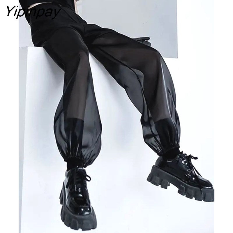 Yipinpay 2023 Summer Street Style Patchwrok Transparent Pants Women Y2K Hip Hop Gauze Hight Waist Black Ladies Harem Pants