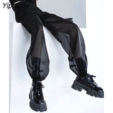 Yipinpay 2023 Summer Street Style Patchwrok Transparent Pants Women Y2K Hip Hop Gauze Hight Waist Black Ladies Harem Pants