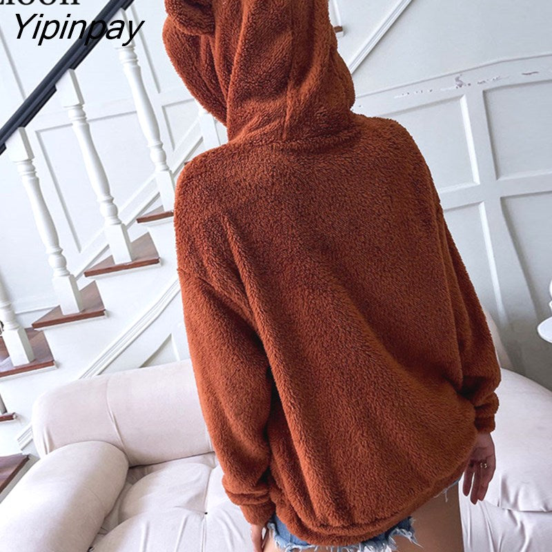 Yipinpay Plush Sweatshirt Cardigan Coat Women 2023 Long Sleeve Zip Up Pockets Streetwear Hooded Sweatshirts Baggy Coats And Jackets