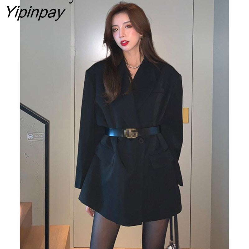 Yipinpay 2023 Autum Oversize Full Sleeve Long Black Blazer Women Korean style Solid Suit Blazers Winter Female Clothing Coat