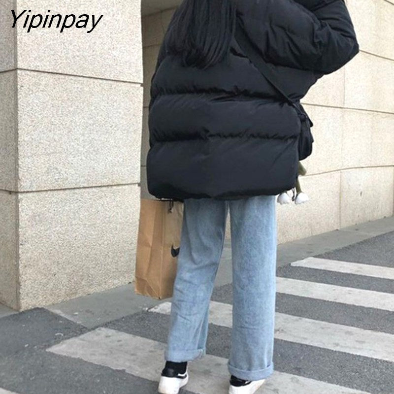 Yipinpay Women's Winter Jacket Oversize Down Coat Cardigan Cotton Zipper Loose Casual Vintage  Long Sleeve Tops Parka Streetwear Clothing