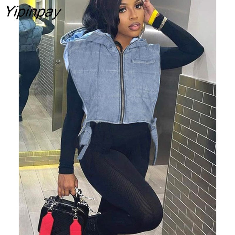 Yipinpay Women Sleeveless Jean Lace Up Vest Coat Female Zipper Fashion Designed Hoodies Streetwear Thickening Outwear Crop Top