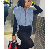 Yipinpay Women Sleeveless Jean Lace Up Vest Coat Female Zipper Fashion Designed Hoodies Streetwear Thickening Outwear Crop Top