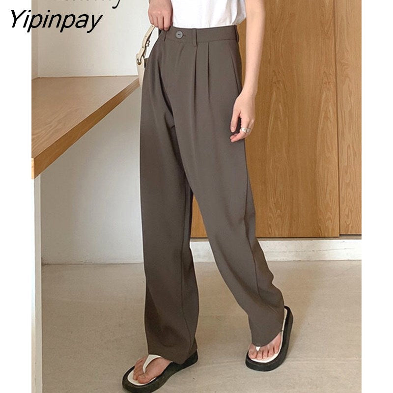 Yipinpay 2023 Autumn Fashion Wide Leg Women Classic Suit Pants Office Lady Elegant Casual Black Trousers Female High Wasit Pants