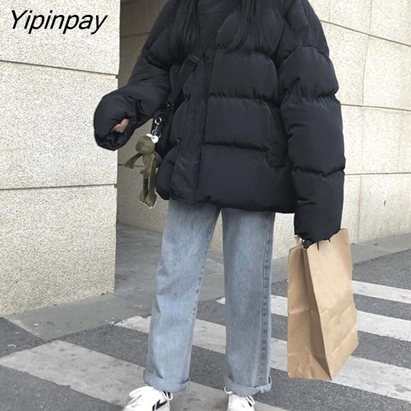Yipinpay Women's Winter Jacket Oversize Down Coat Cardigan Cotton Zipper Loose Casual Vintage  Long Sleeve Tops Parka Streetwear Clothing