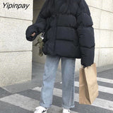 Yipinpay Women's Winter Jacket Oversize Down Coat Cardigan Cotton Zipper Loose Casual Vintage  Long Sleeve Tops Parka Streetwear Clothing
