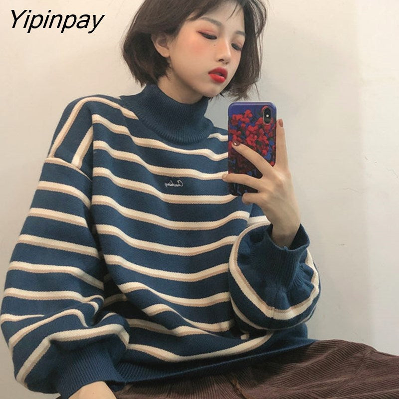 Yipinpay Winter Chic Pullover Women Striped Turtleneck Loose Knitwear Sweater Trendy Ulzzang Warm Student INS Coat Soft Daily Jumper